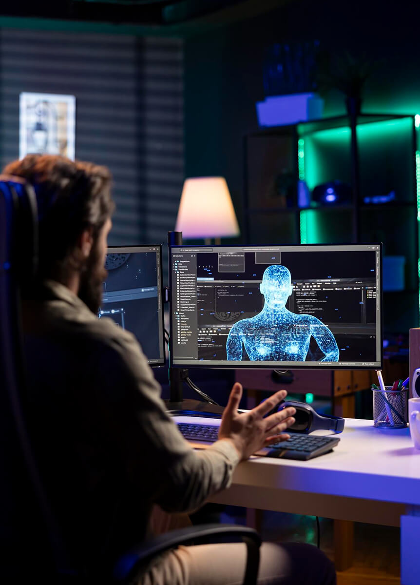 Férfi több monitor előtt dolgozik, a képernyőn digitális AI modell látható