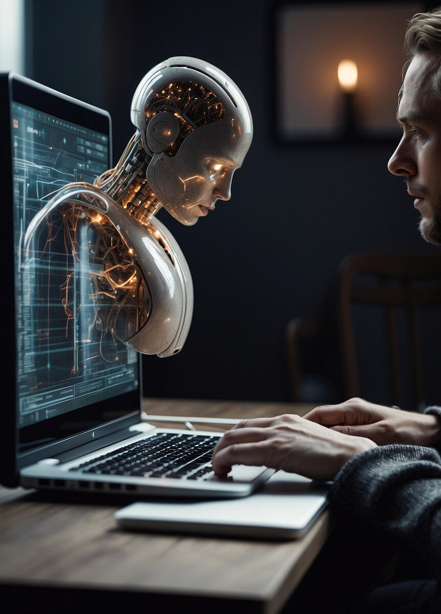 Laptopnál dolgozó férfi és a képernyőből kilépő robotfej illusztráció